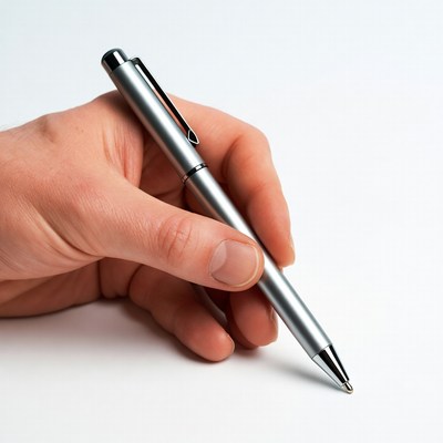 Hand holding silver pen