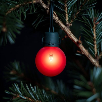 Red Christmas Light on Pine Branch