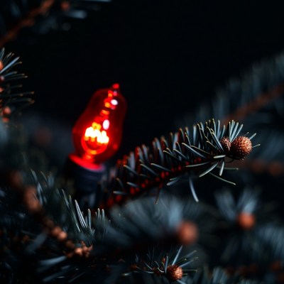 Red Christmas Light in Pine Branches