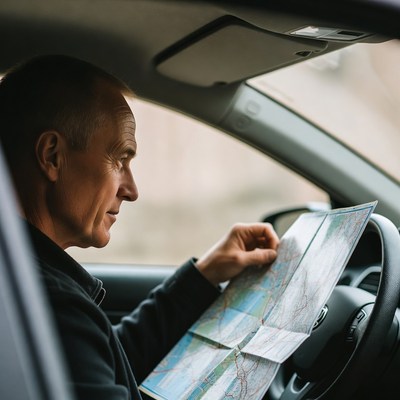 Man reading map in car