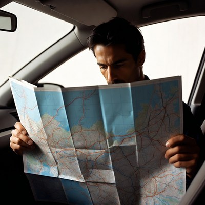 Man reading map in car
