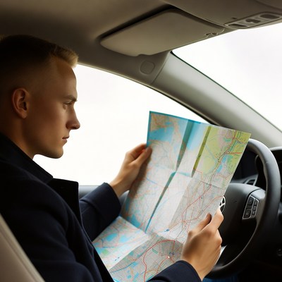 Man reading map in car