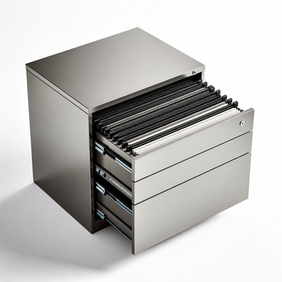 Silver filing cabinet with open drawer