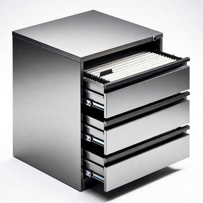 Silver Metal File Cabinet with Open Drawers