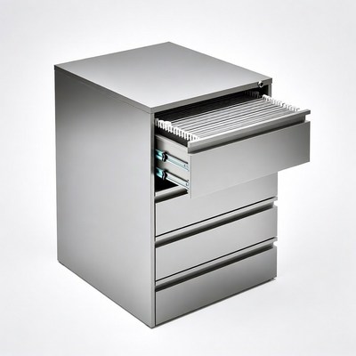 Silver metal filing cabinet with open drawers
