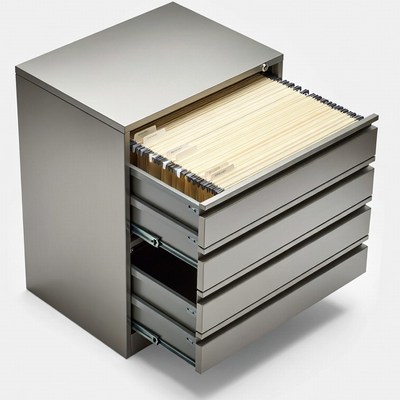 Silver filing cabinet with open drawers