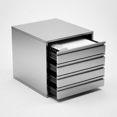 Silver File Cabinet with Open Drawers