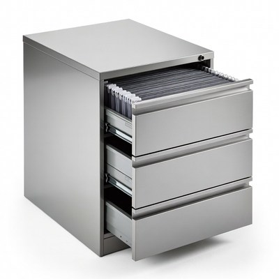 Silver Metal File Cabinet with Open Drawers