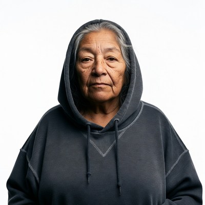 Elderly Indigenous woman in hoodie