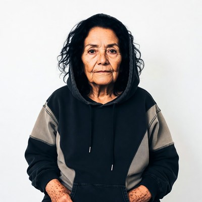 Elderly woman in black hoodie