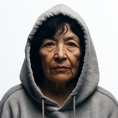 Asian elderly woman in hoodie