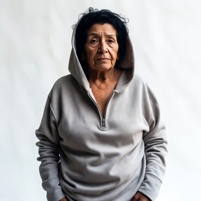 Elderly Latina woman in gray hoodie
