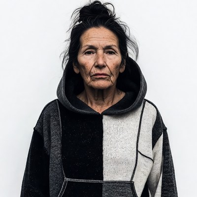 Elderly Asian woman in hoodie