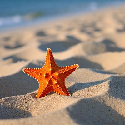 Orange starfish on sandy beach