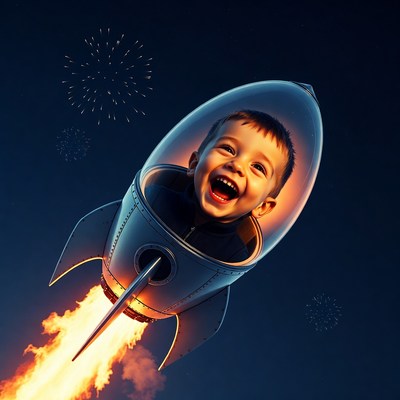 Boy laughing in rocket with fireworks
