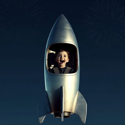 Boy smiling in silver rocket with fireworks
