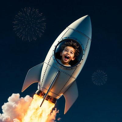 Boy smiling from rocket ship