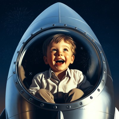 Boy smiling in rocket window