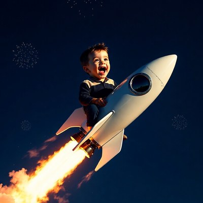 Boy riding rocket with fireworks