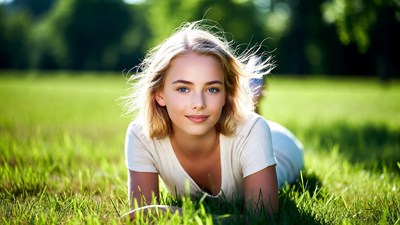Blonde woman lying on grass