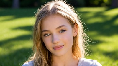 Blonde girl smiling in green grass