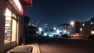 Night city street with bookstore