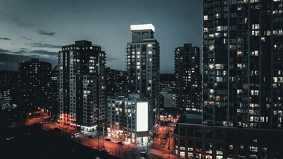 City skyline at dusk with skyscrapers