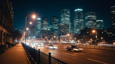 Night city skyline with traffic