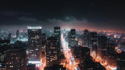 Aerial Night View of City Skyline