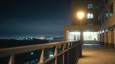 Night cityscape from balcony railing