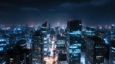 Night Skyline Cityscape with Skyscrapers
