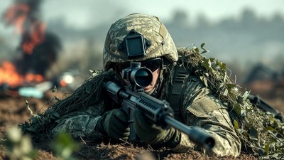 Soldier aiming sniper rifle in combat