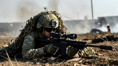 Soldier aiming sniper rifle in camouflage
