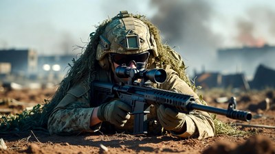 Soldier aiming sniper rifle in combat