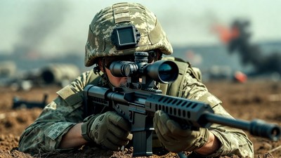 Soldier aiming sniper rifle in combat