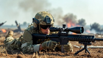 Soldier aiming sniper rifle prone battlefield