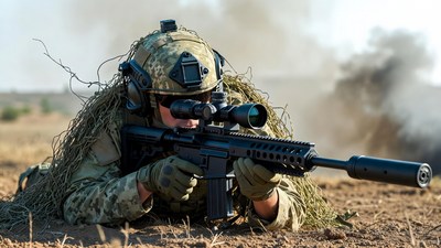 Soldier aiming sniper rifle in camouflage