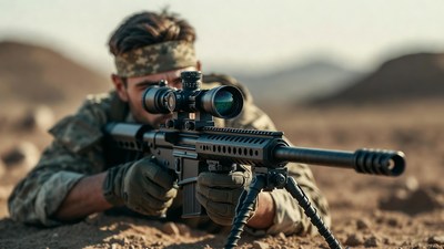 Soldier aiming sniper rifle in desert