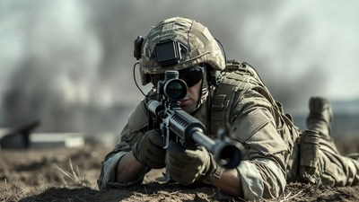 Soldier aiming rifle prone position