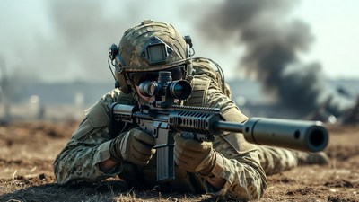 Soldier aiming sniper rifle prone