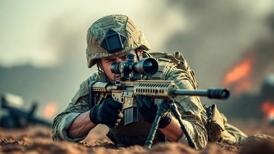 Soldier aiming sniper rifle prone