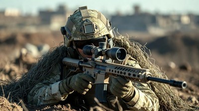 Soldier aiming sniper rifle in camouflage