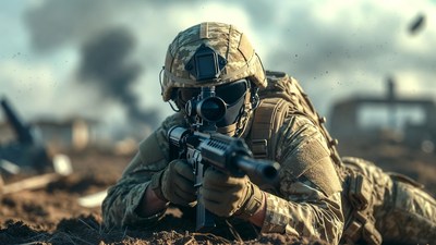 Soldier aiming rifle in combat