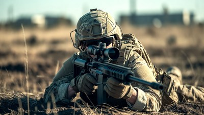 Soldier aiming sniper rifle prone