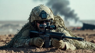 Soldier aiming sniper rifle prone