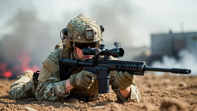 Soldier aiming sniper rifle prone