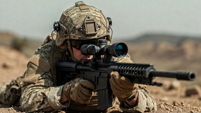 Soldier aiming sniper rifle prone