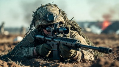 Soldier aiming sniper rifle in combat