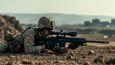 Soldier aiming sniper rifle prone