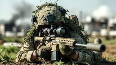 Soldier aiming sniper rifle prone